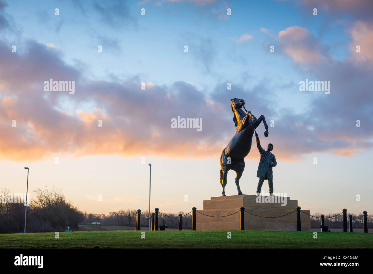 Newmarket racing Suffolk, the Newmarket Stallion statue - a well-known landmark sited near the entrance to the famous Suffolk racecourse, UK. Stock Photo