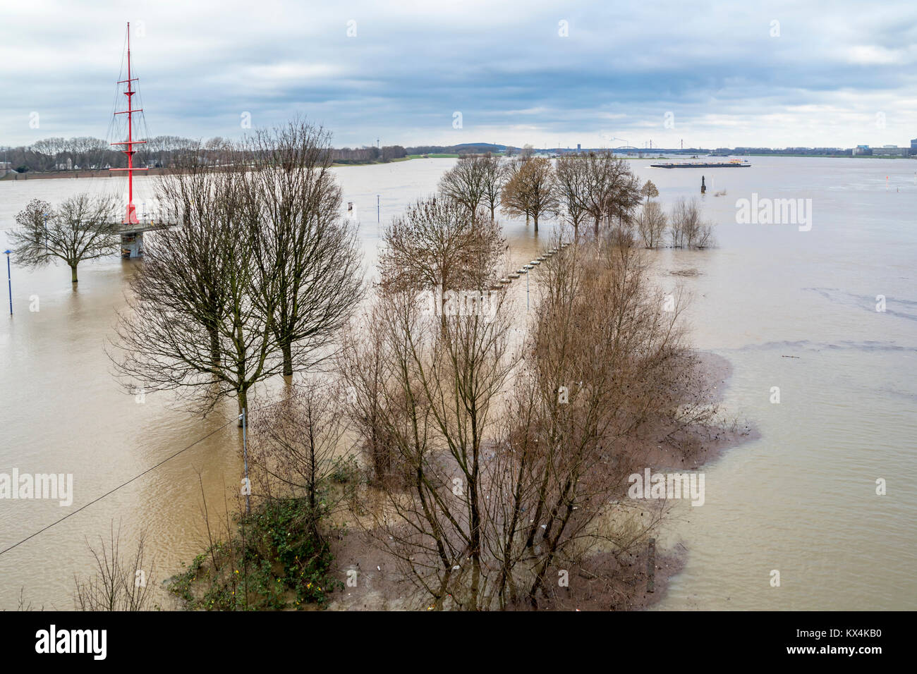 The river Rhine is flooding the city of Duisburg, Germany Stock Photo