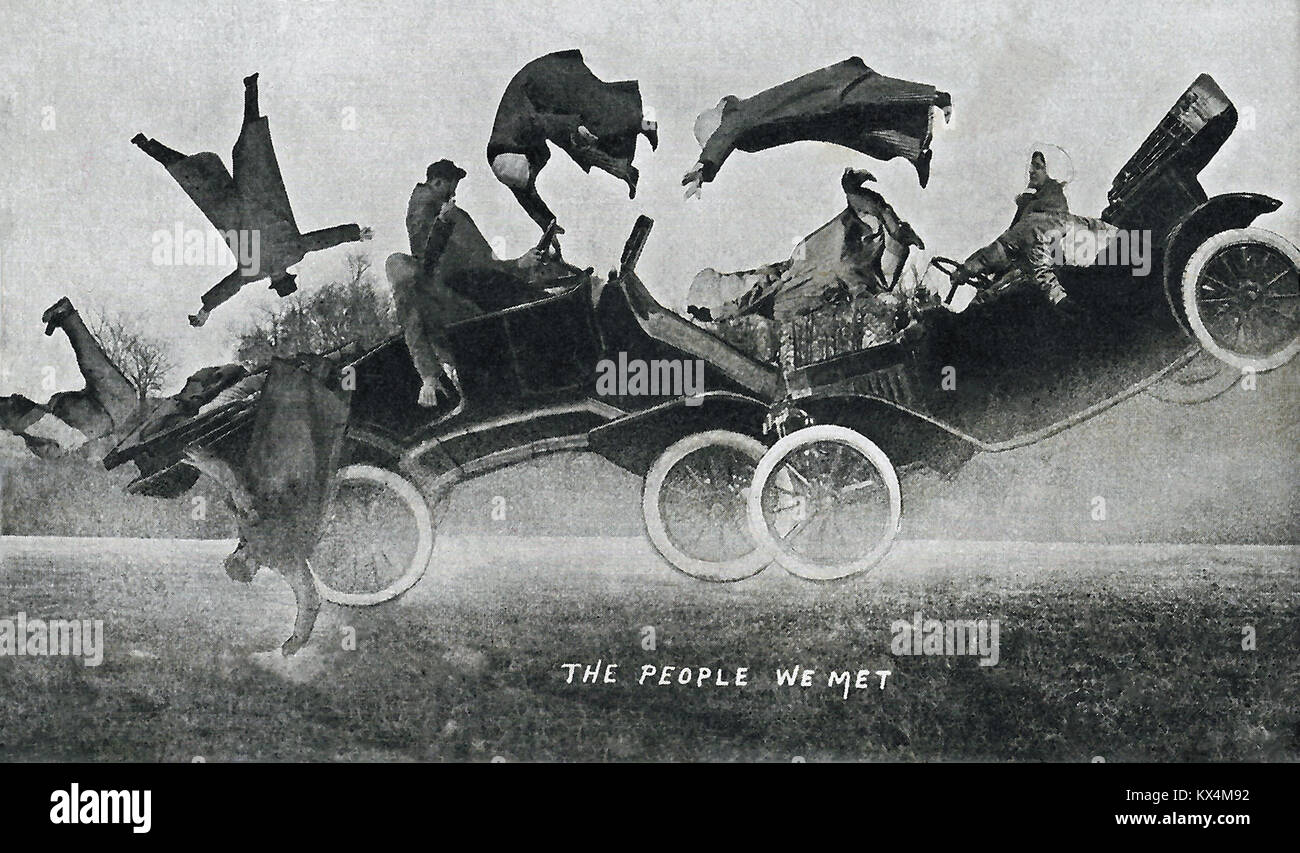 Vintage humorous collage of a fender bender circa 1915. Stock Photo