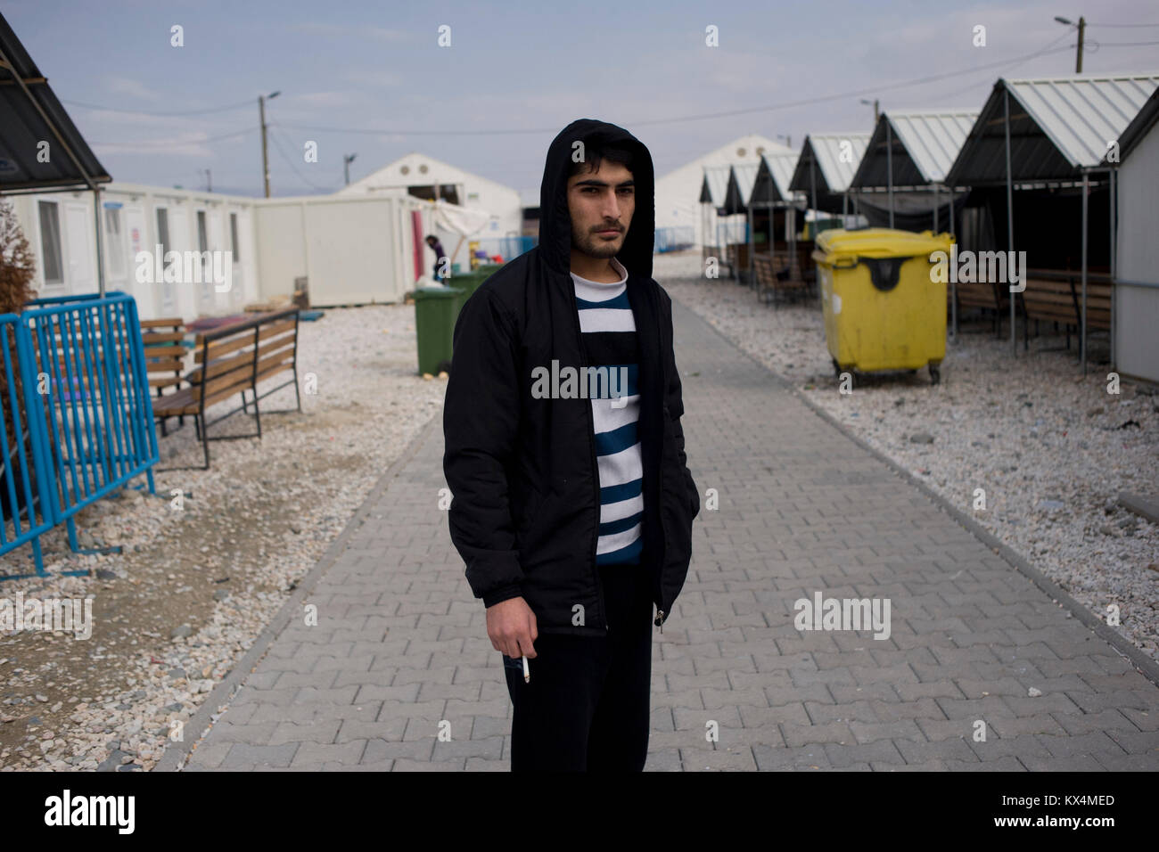 Falah from Iraq arrived one year ago at the Vinojug Temporary Transit Center in Gevgelija, south Macedonia, close to the border with Greece. Stock Photo