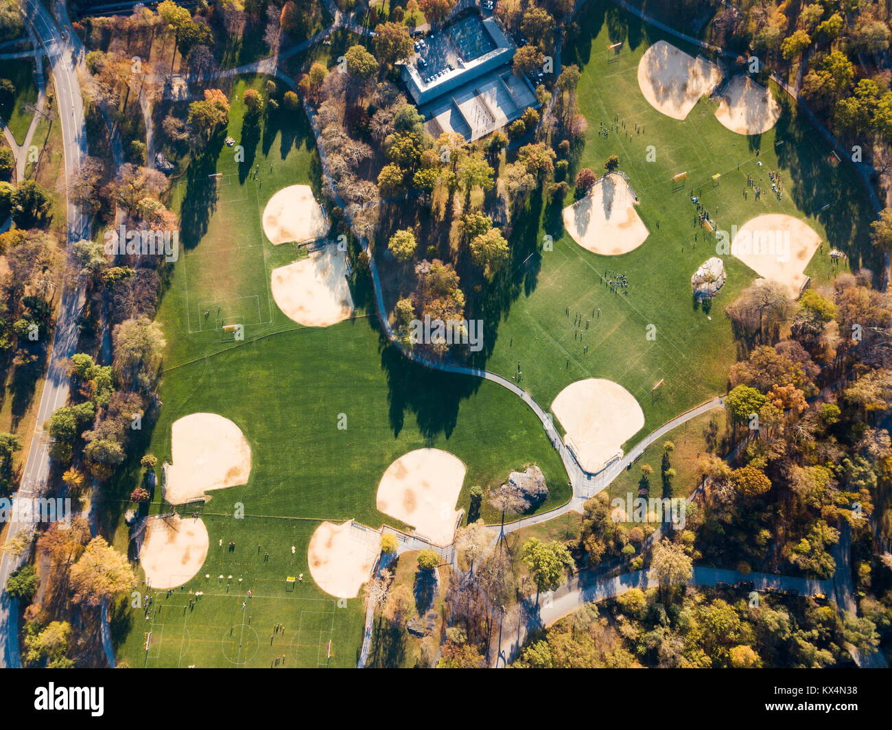 Soccer and baseball playgrounds in Central park aerial view Stock Photo