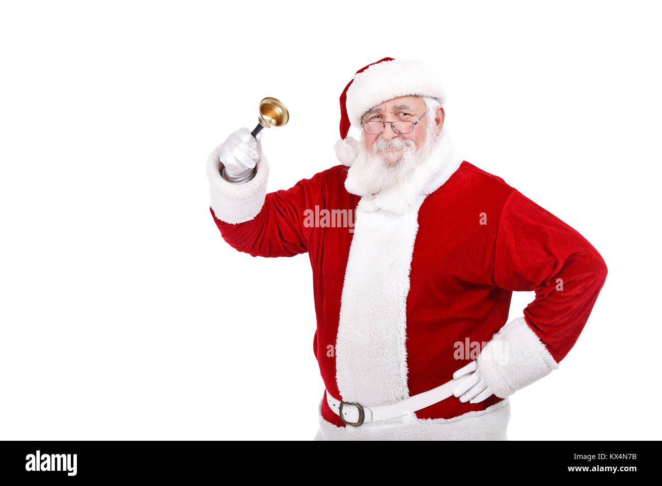Santa Claus ringing a bell, it's Christmas time, isolated on white ...