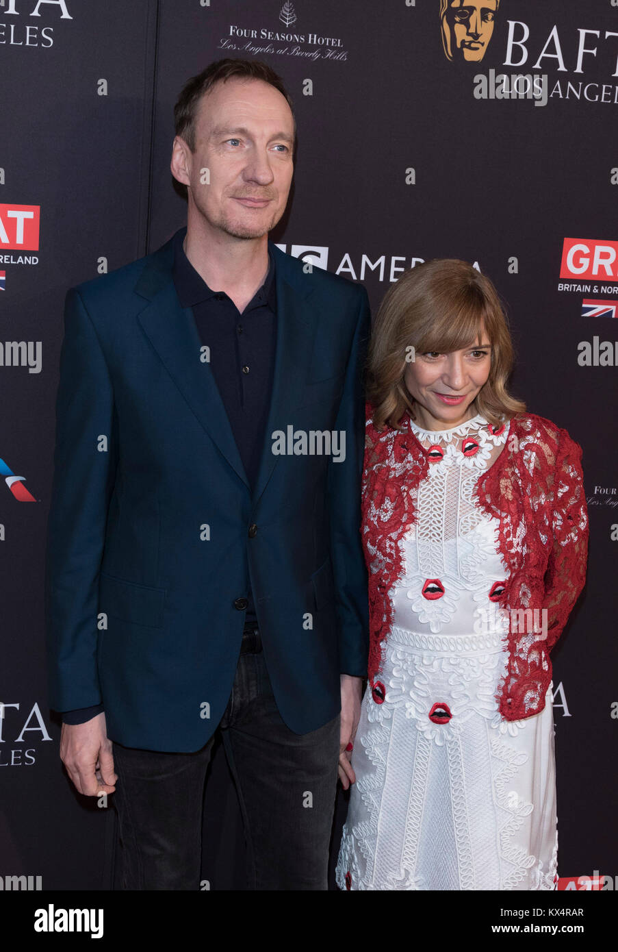Los Angeles, USA. 06th Jan, 2018. David Thewlis and guest attend the BAFTA Los Angeles Awards Season Tea Party at Hotel Four Seasons in Beverly Hills, California, USA, on 06 January 2018. Credit: Hubert Boesl - NO WIRE SERVICE - Credit: Hubert Boesl/dpa/Alamy Live News Credit: dpa picture alliance/Alamy Live News Stock Photo