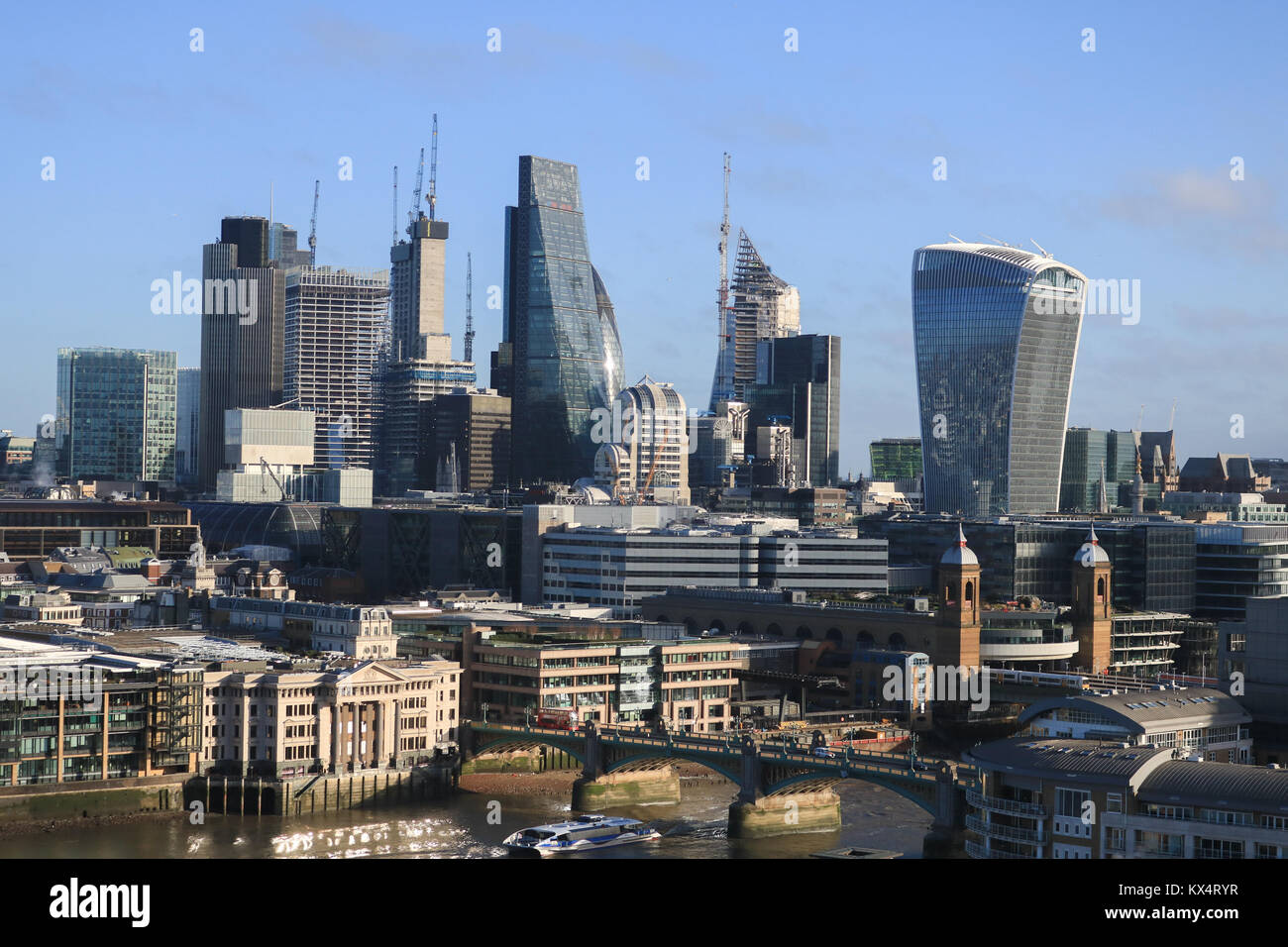 London UK. 7th January 2018. London city skyline and financial district ...