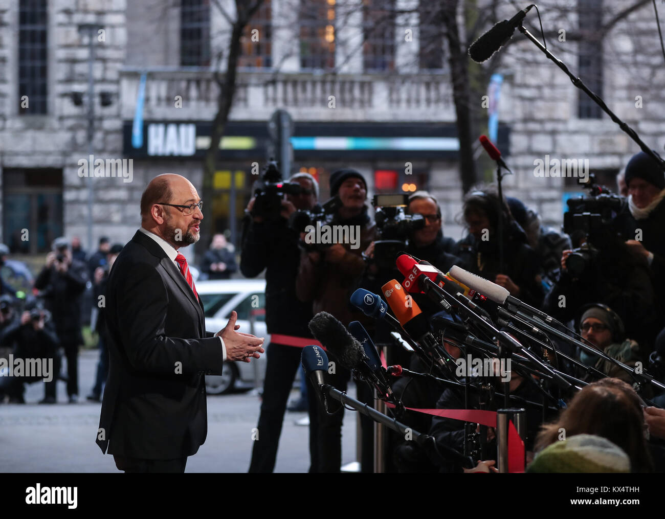 Berlin, Germany. 7th Jan, 2018. Leader of German Social Democratic Party (SPD) Martin Schulz speaks before the exploratory talks for a new coalition government between the Christian Democratic Union (CDU), Christian Social Union (CSU) and the SPD at the headquarters of SPD in Berlin, capital of Germany, on Jan. 7, 2018. Credit: Shan Yuqi/Xinhua/Alamy Live News Stock Photo