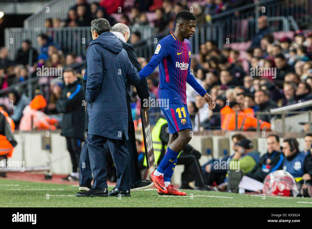 Barcelona, Spain. 07th Jan, 2018. FC Barcelona forward Ousmane Dembele (11) during the match between FC Barcelona against Levante UD, for the round 18 of the Liga Santander, played at Camp Nou Stadium on 7th January 2018 in Barcelona, Spain. (Credit: GTO/Urbanandsport/Gtres Online) Credit: Gtres Información más Comuniación on line, S.L./Alamy Live News Stock Photo