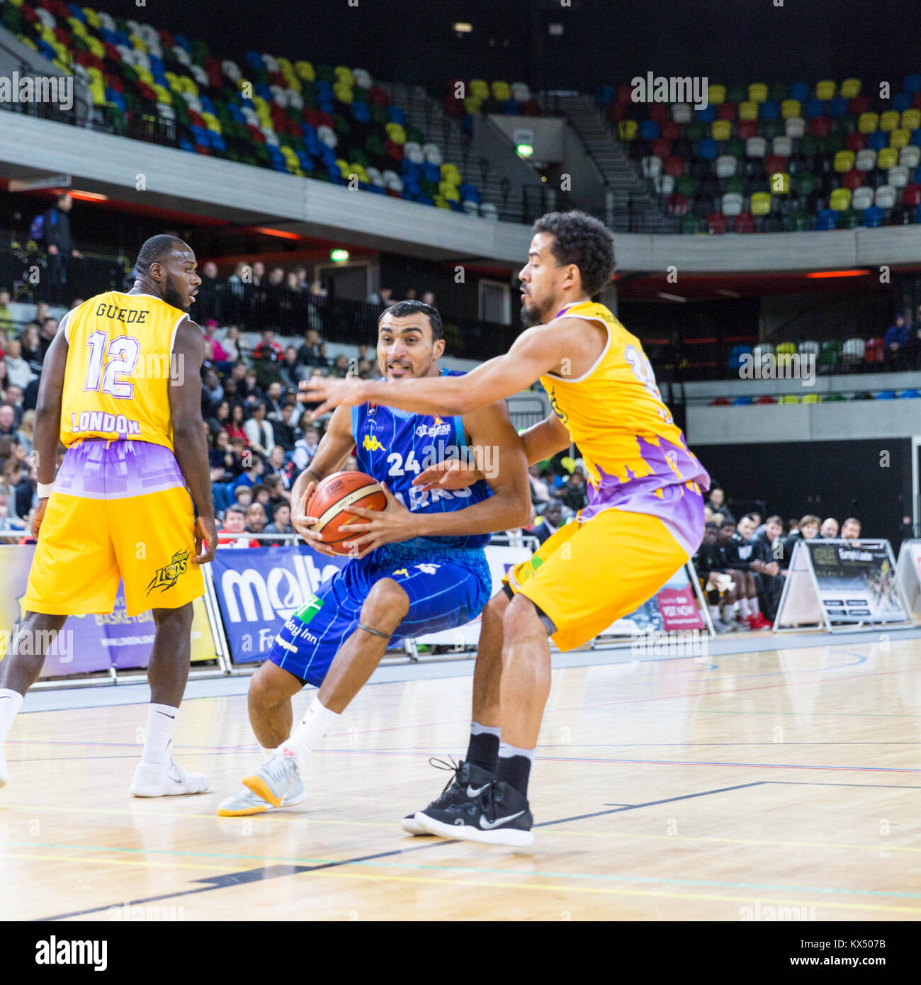 Copper Box Arena, London, UK, 7th Jan 2018. Zach Gachette with the ball. Tensions run high in the London Lions v Sheffield Sharks British Basketball League game in the Queen Elizabeth Olympic Park in London. Lions win 81 - 73. Credit: Imageplotter News and Sports/Alamy Live News Stock Photo