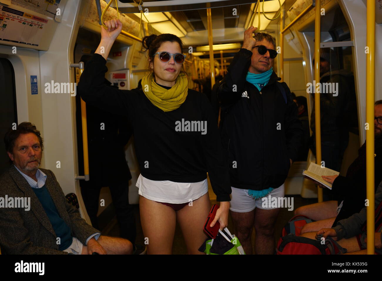 No Trousers Tube Ride (No Pants Subway Ride) on 7th January 2018 in London The Annual ‘No Trousers Tube Ride’ or ‘No Pants Subway Ride’ took place in Stock Photo