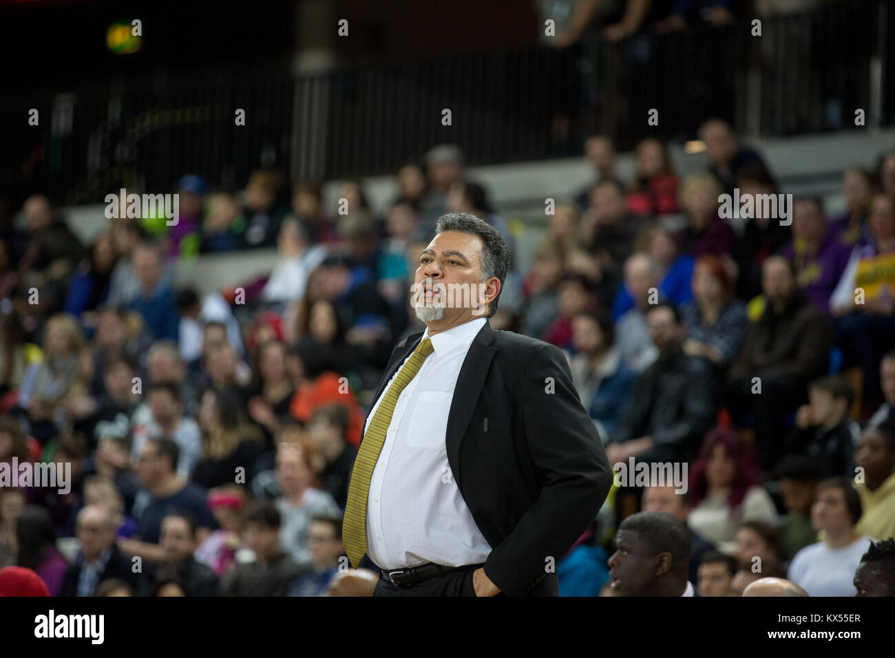 Copper Box Arena, London, UK, 7th Jan 2018.  London Lions v Sheffield Sharks British Basketball League game in the Copper Box Arena at the Queen Elizabeth Olympic Park in London. Lions' coach vince Macaulay. Lions win 81 - 73. copyright Carol Moir/AlamyLiveNews Stock Photo