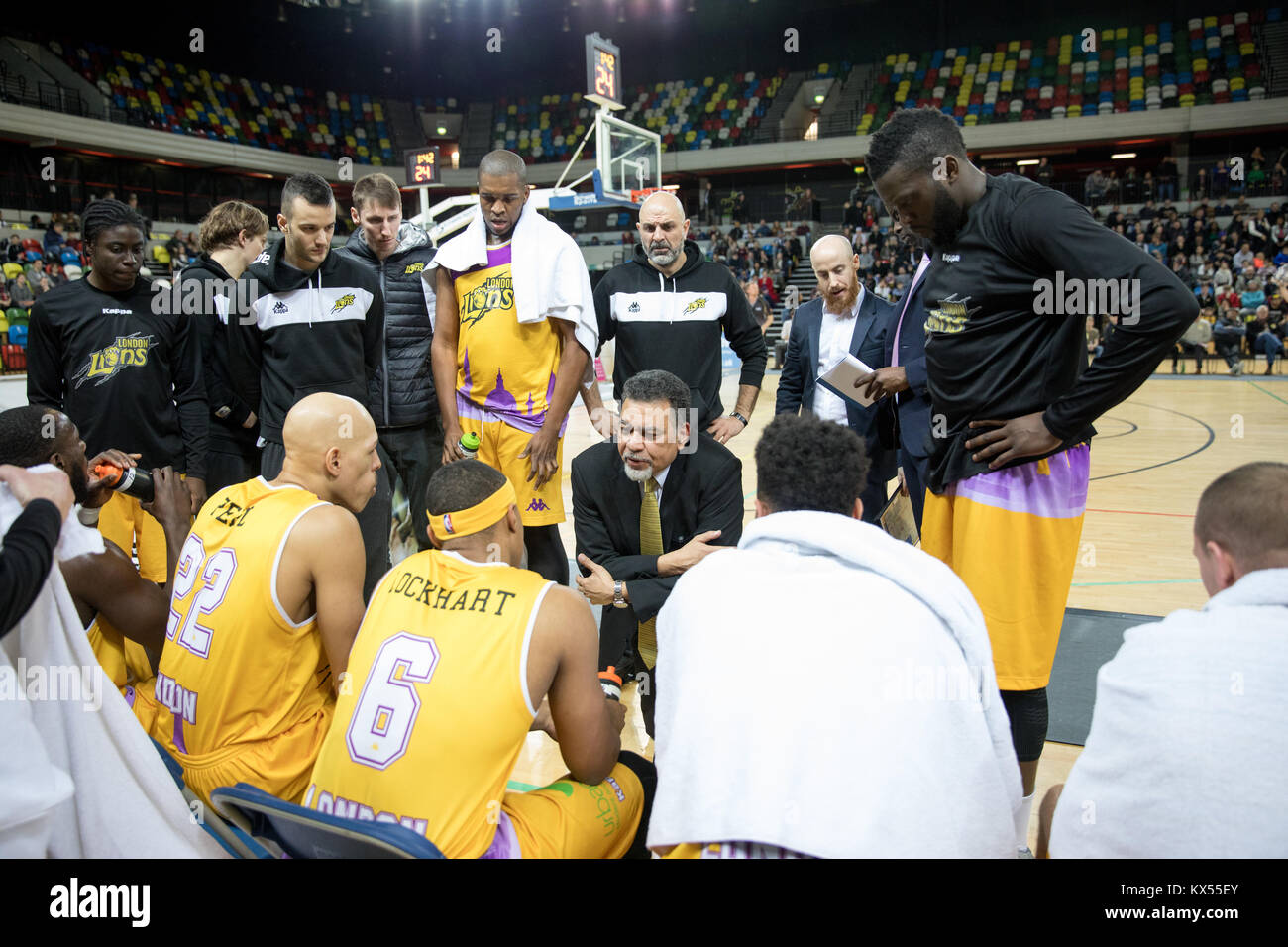 Copper Box Arena, London, UK, 7th Jan 2018.  London Lions v Sheffield Sharks British Basketball League game in the Copper Box Arena at the Queen Elizabeth Olympic Park in London. Lions' coach Vince Macaulay talks to the team. Lions win 81 - 73. copyright Carol Moir/AlamyLiveNews Stock Photo
