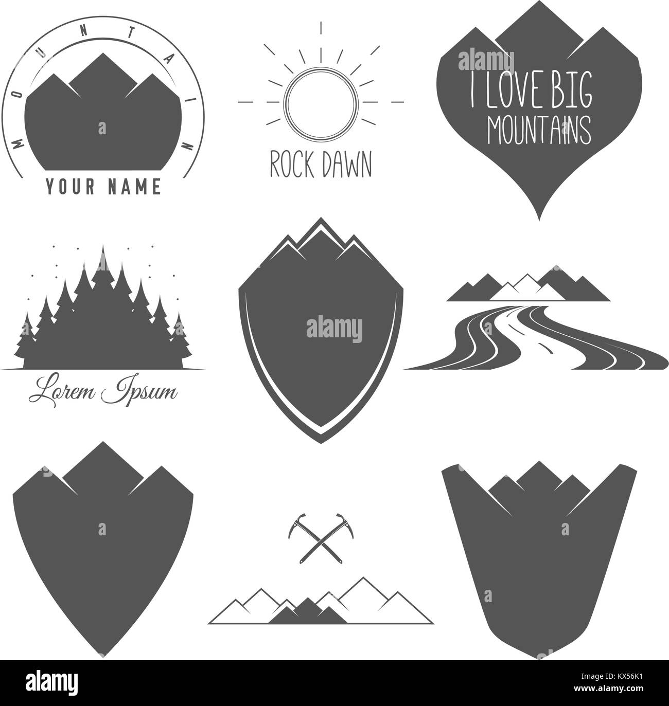 Rock Road - Shield - Forest and Sun - Set of Silhouette Vector Emblems and Badges Alpine Adventure Related Stock Vector