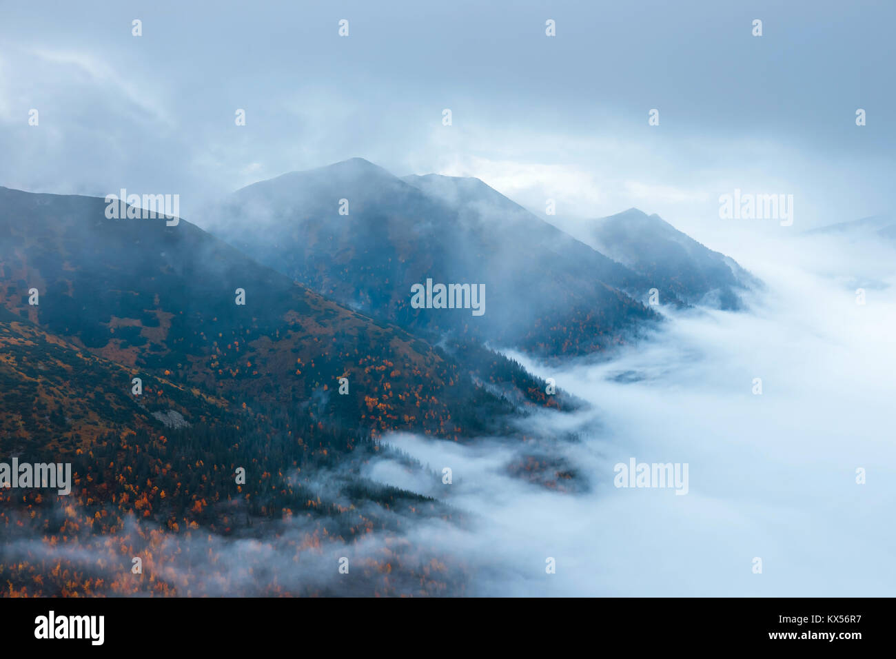 foggy mountain landscape with clouds above the peaks Stock Photo - Alamy