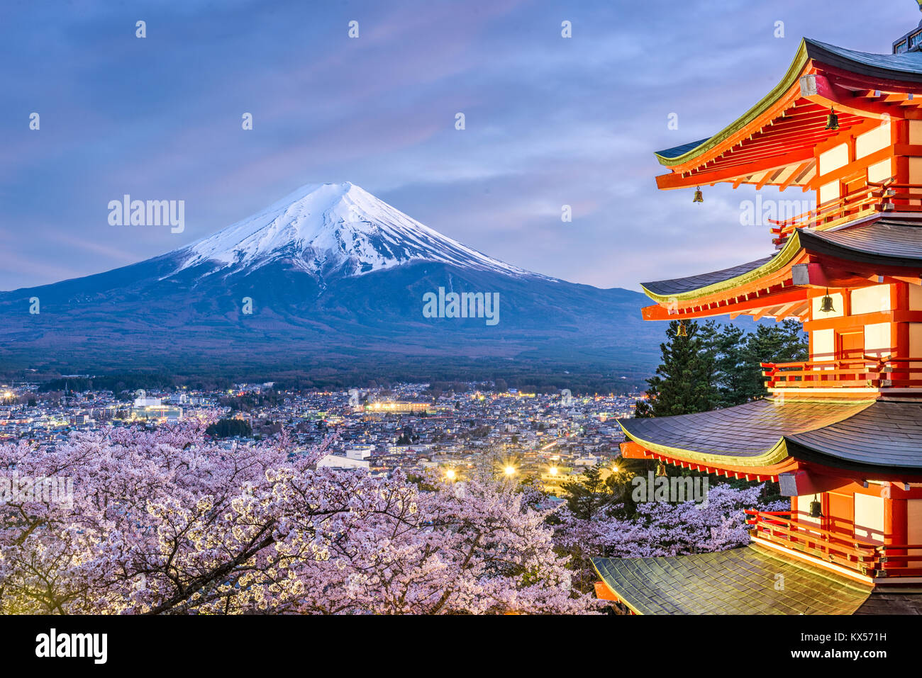 Fujiyoshida, Japan view of Mt. Fuji and pagoda in spring season. Stock Photo