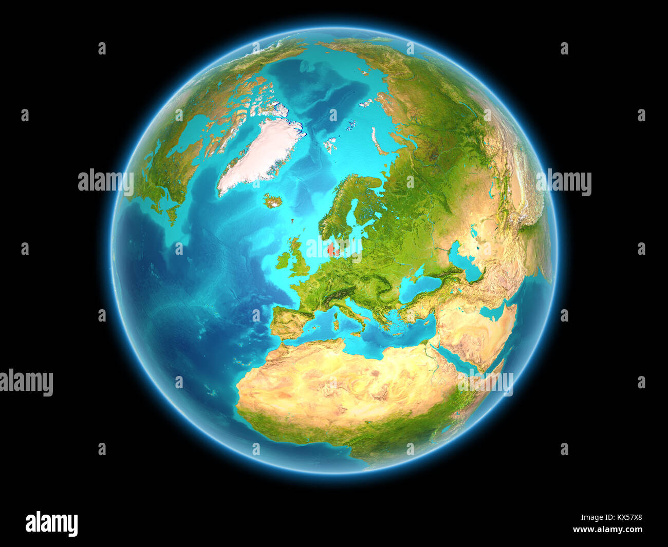 Denmark in red on planet Earth as seen from space on full sphere. 3D ...