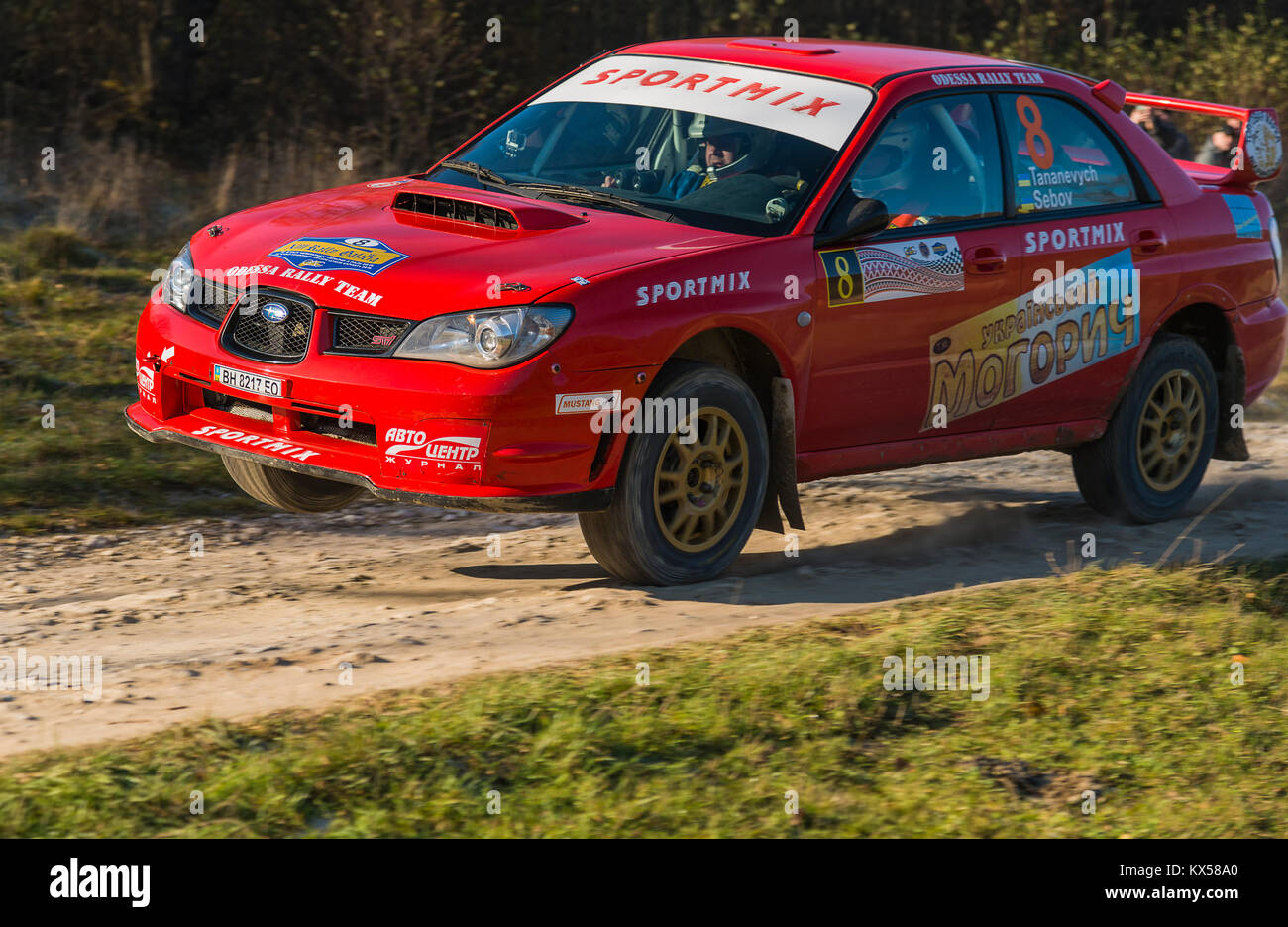 Lviv, Ukraine - November 1, 2015: Oleg Sobolew's Subaru Impreza WRX STI  competes at the annual Rally Galicia Stock Photo