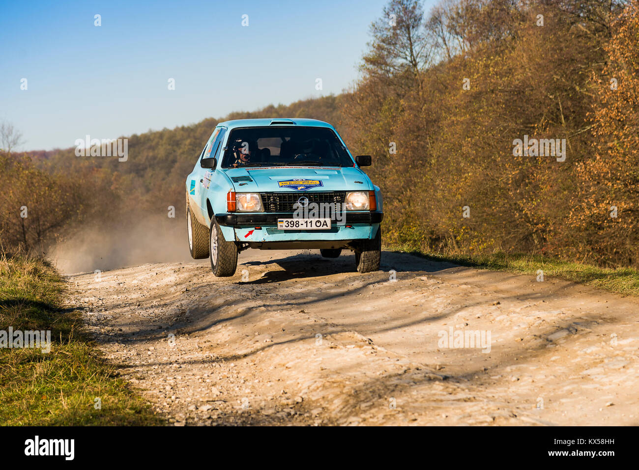 Lviv, Ukraine - November 1, 2015: Volodymyr  Voloshyn's  Opel Kadett (No.23)   competes at the annual Rally Galicia Stock Photo