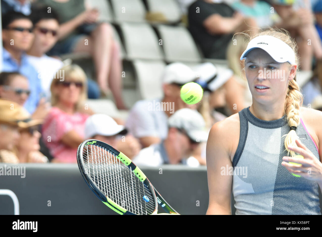 Auckland, New Zealand. 07th Jan, 2018. Caroline Wozniacki of Denmark in her  final match against Julia Goerges of German during the WTA Women's  Tournament at ASB Centre Count in Auckland, New Zealand