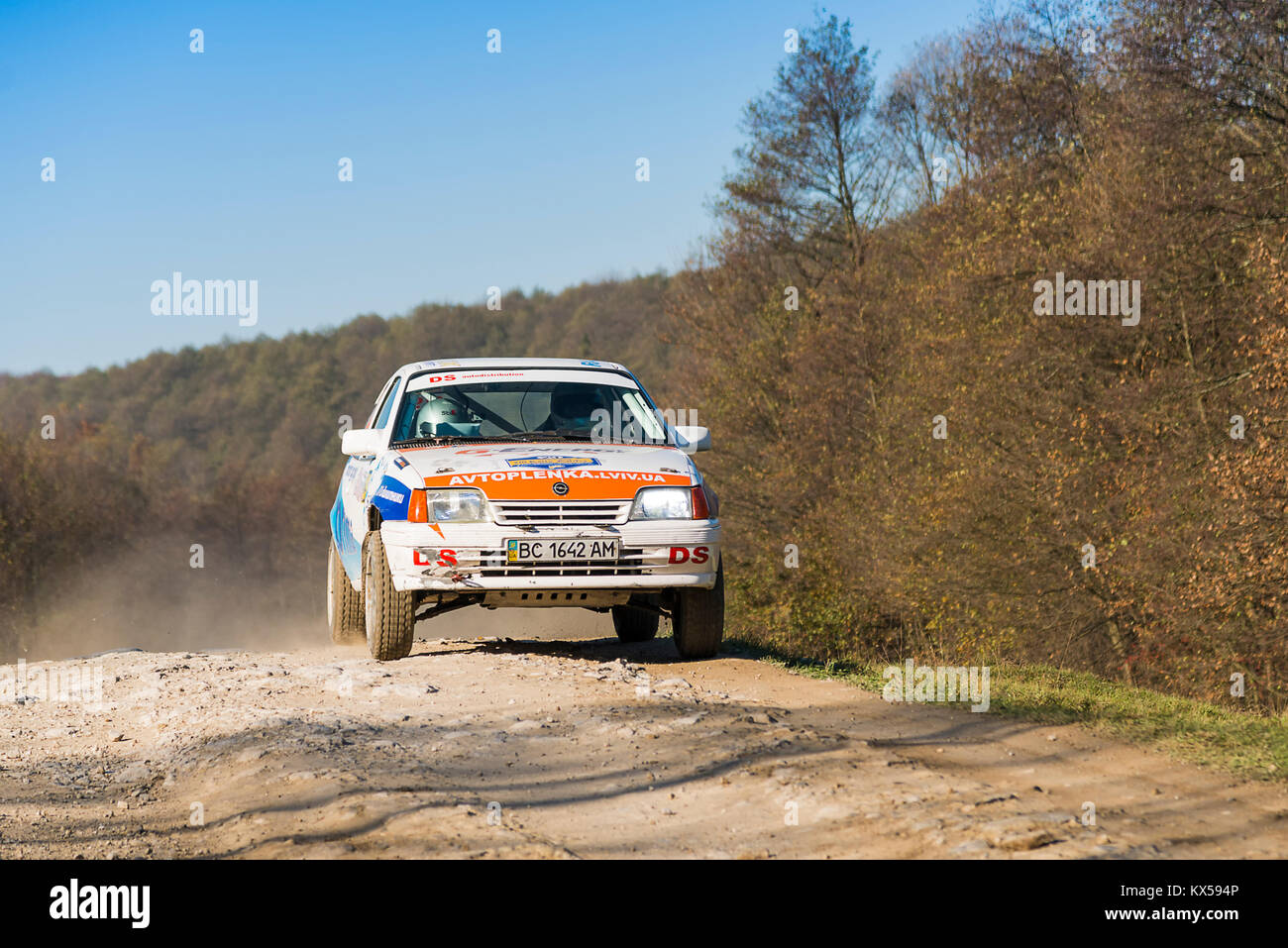 lLviv, Ukraine - November 1, 2015: Racers Oleg Slezinskij and Serhiy Bryckiy on the car brand Opel Kadett (No.29) overcome the track at the annual Ral Stock Photo