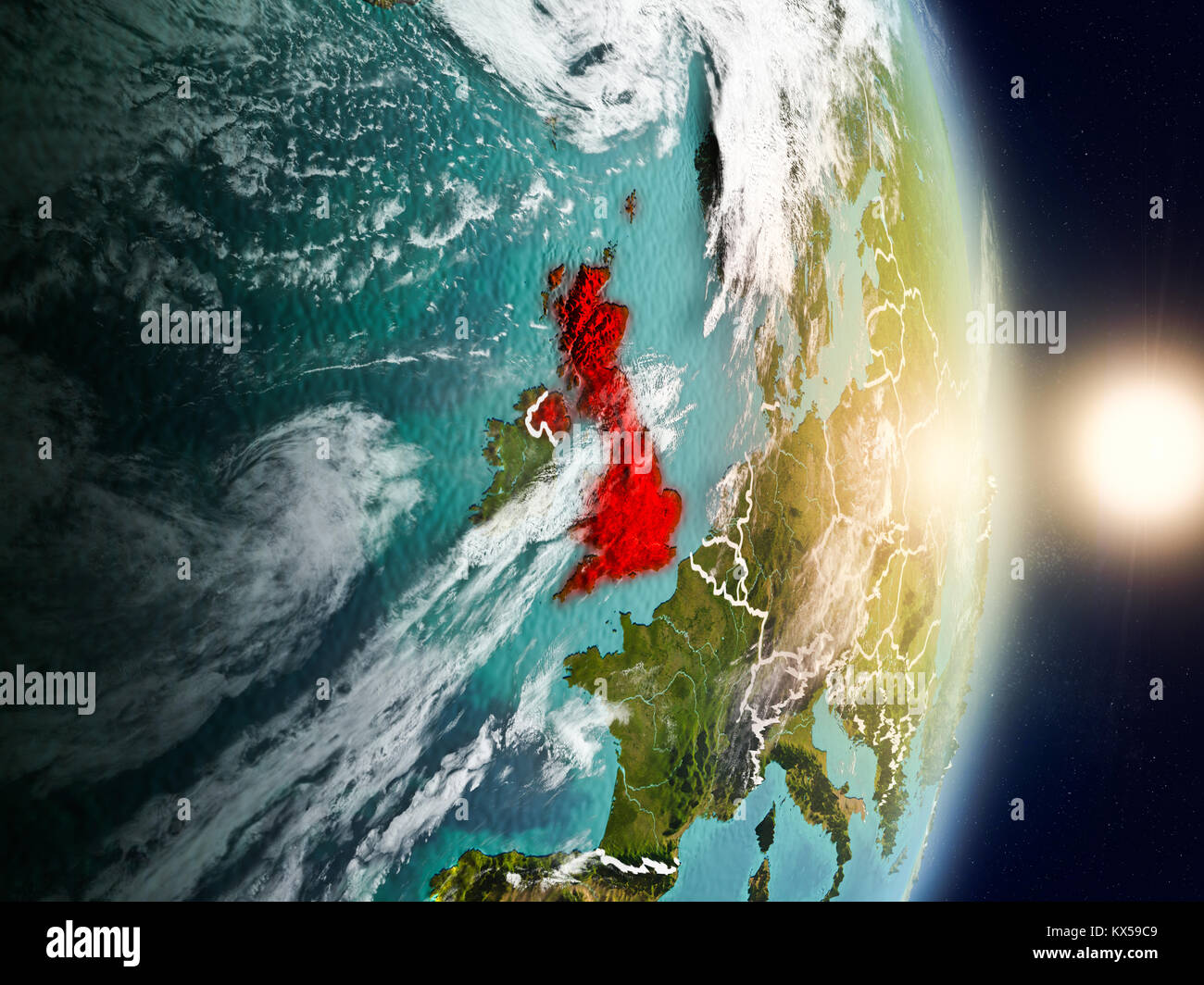 United Kingdom during sunrise highlighted in red on planet Earth with ...
