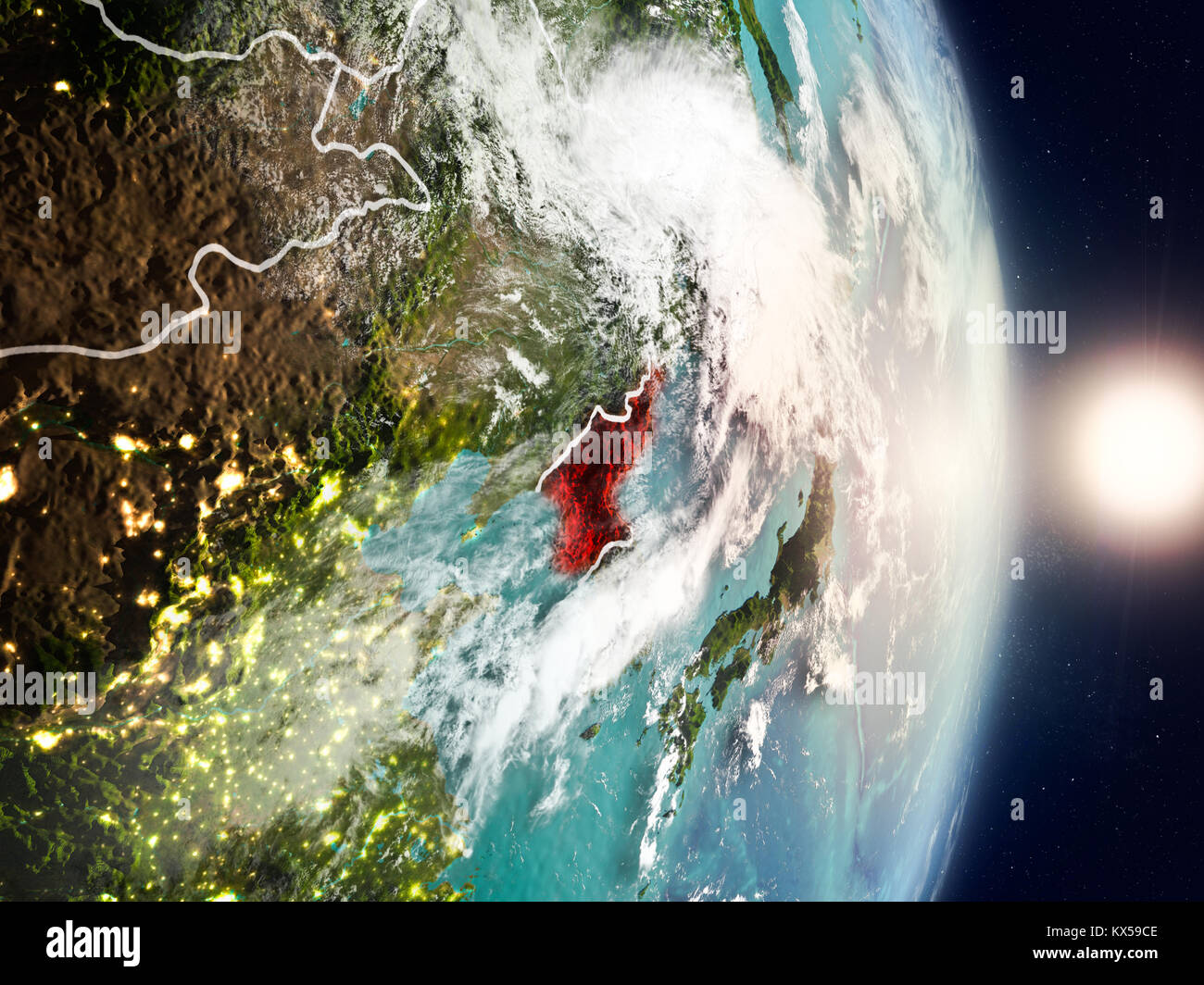 North Korea during sunrise highlighted in red on planet Earth with ...