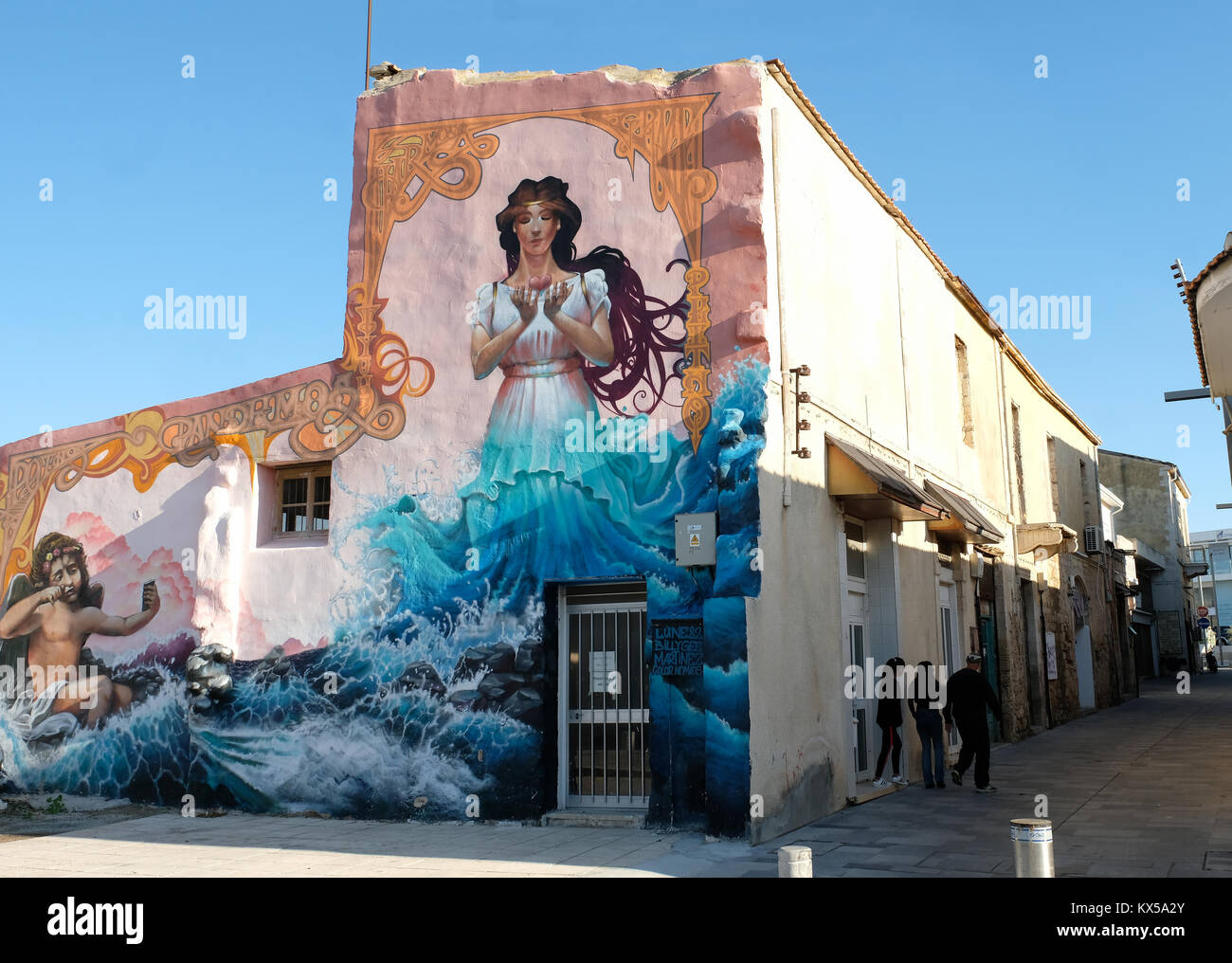 Street Art: Lune82er & Alex Martinez graffiti & Billy Gee, 'Aphrodite's children' in Paphos, Cyprus. Stock Photo