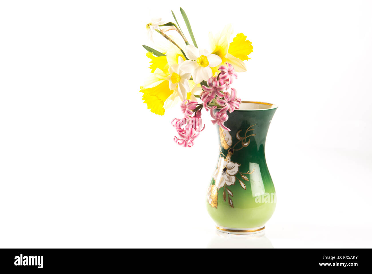 decorated flower vase with spring flowers inside Stock Photo