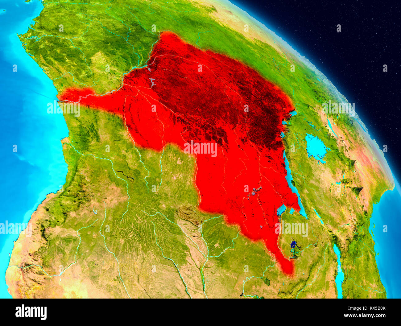 Space view of Democratic Republic of Congo highlighted in red on planet ...