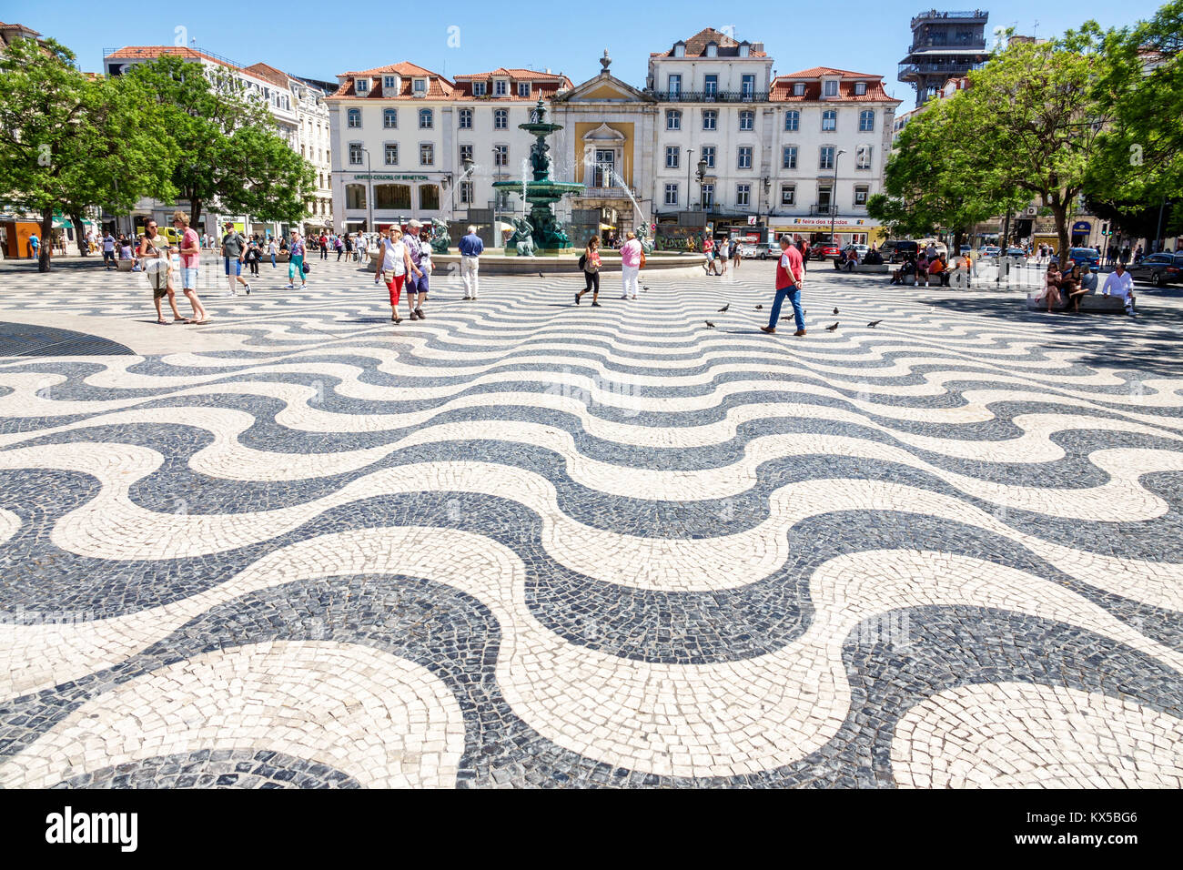 Lisbon Portugal,historic center,Rossio Square,Praca Rossio,park,Portuguese pavement,calcada Portuguesa,traditional-style pavement,mosaic,pattern,tromp Stock Photo