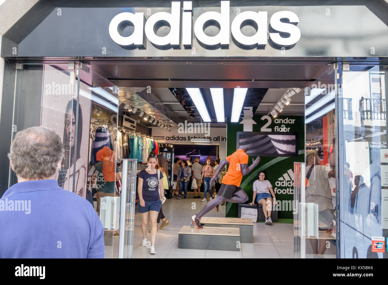 Lisbon Portugal,Baixa,Chiado,historic center,Rua Augusta,pedestrian mall arcade,promenade,Adidas Megastore,front,entrance,sign,shopping shopper shoppe Stock Photo