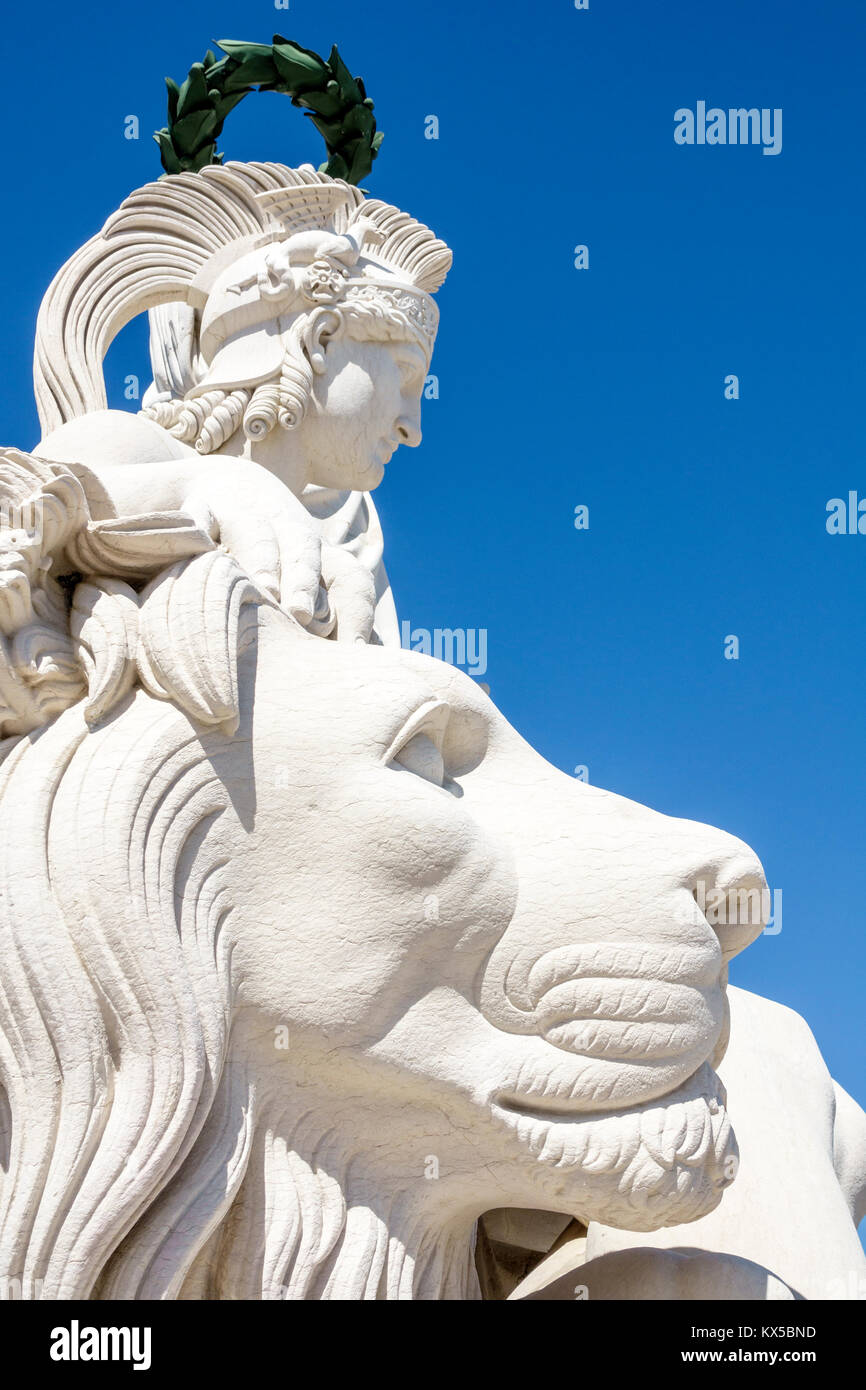 Lisbon Portugal,Baixa,Chiado,historic center,Arco da Rua Augusta,arch,viewing platform,Celestin Anatole Calmels,sculpture,Glory,lion head,Hispanic,imm Stock Photo