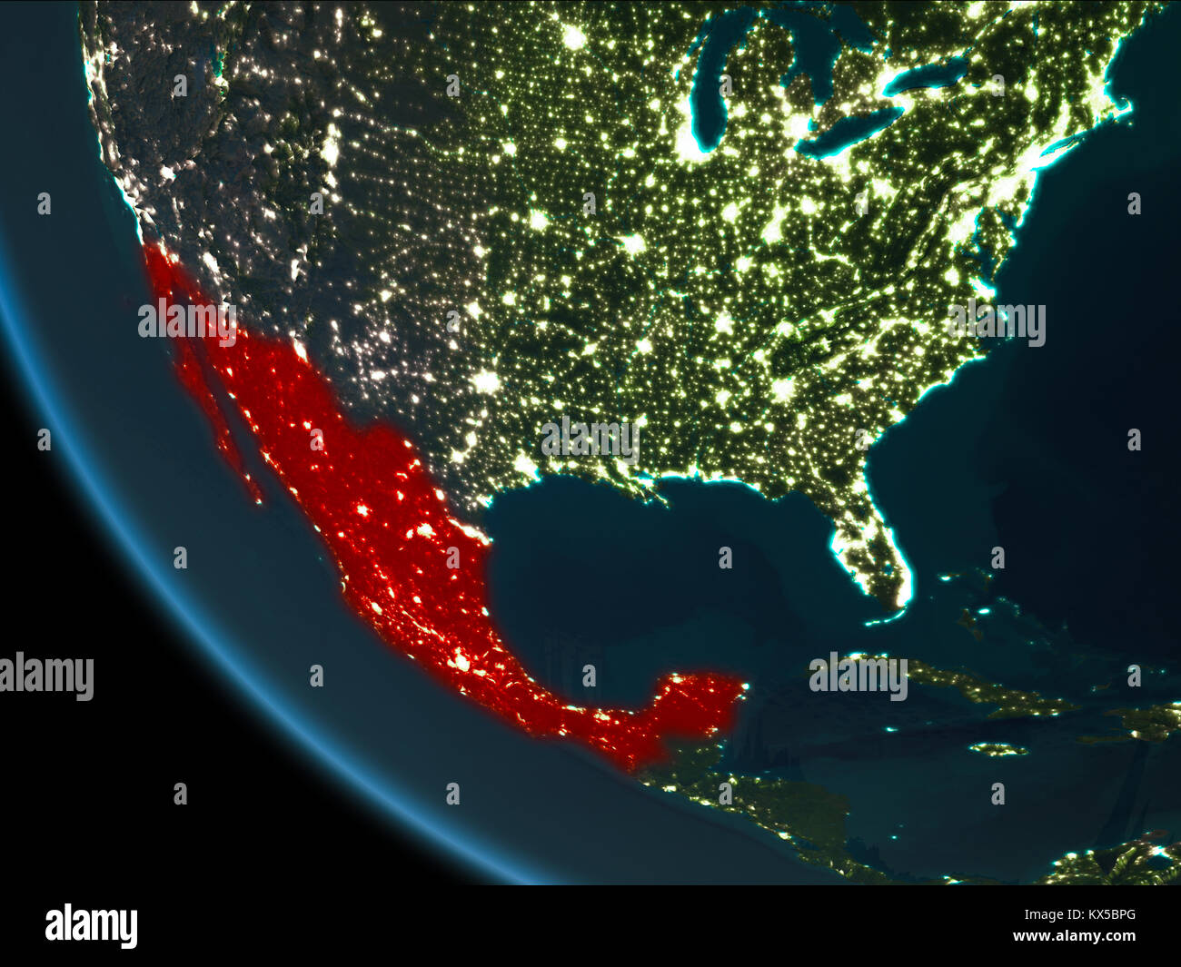 Mexico from orbit of planet Earth at night with highly detailed surface ...