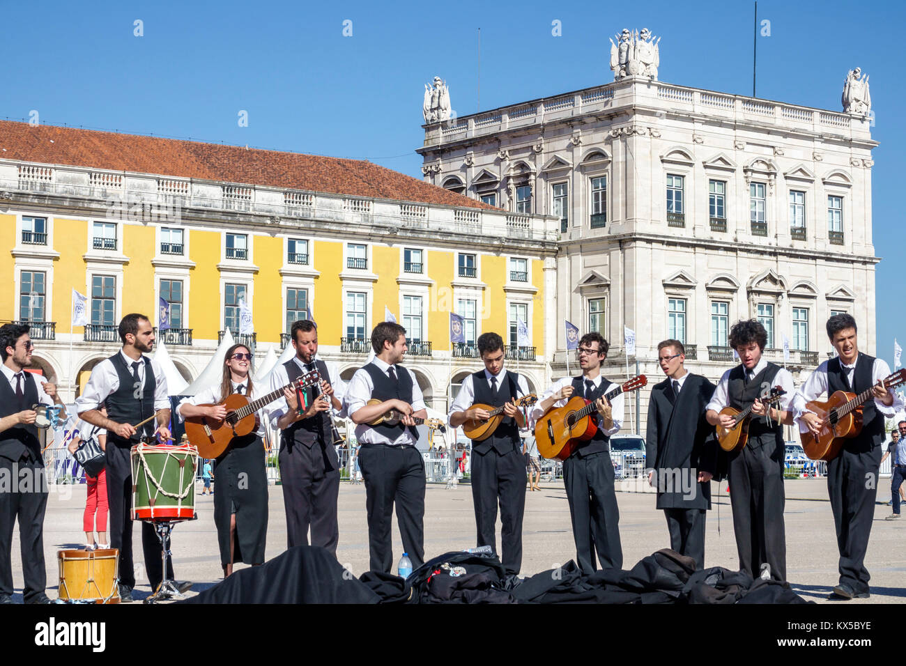 Lisbon Portugal,Baixa,Chiado,historic center,Terreiro do Paco,Praca do Comercio,Commerce Square,public plaza,Tuna,traditional music group,student stud Stock Photo
