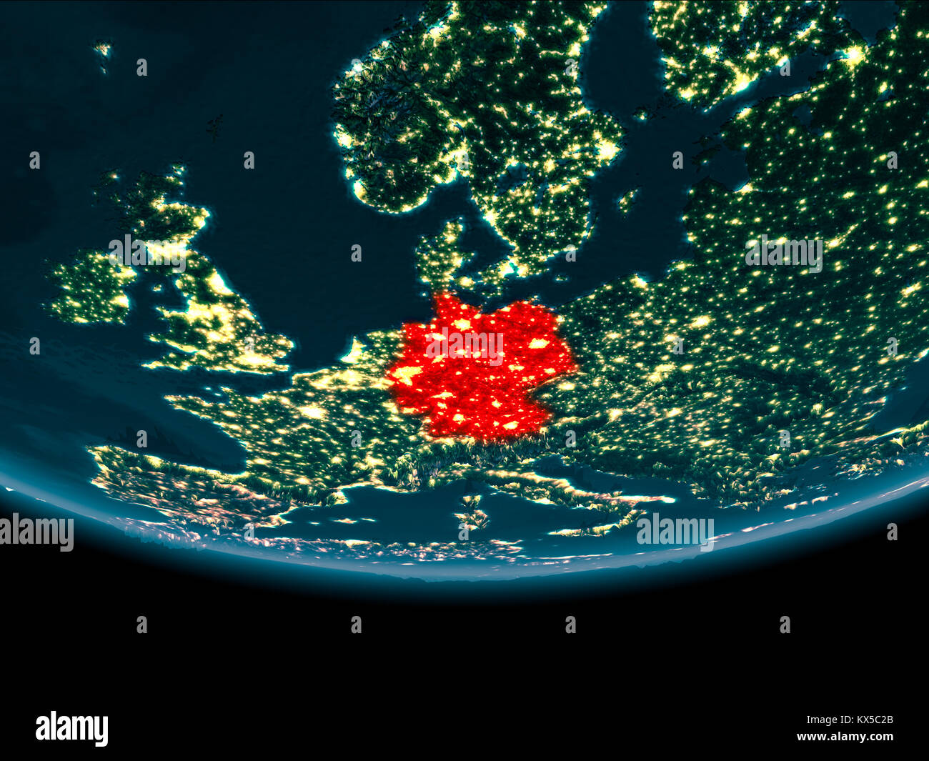 Germany at night highlighted in red on planet Earth. 3D illustration. Elements of this image furnished by NASA. Stock Photo