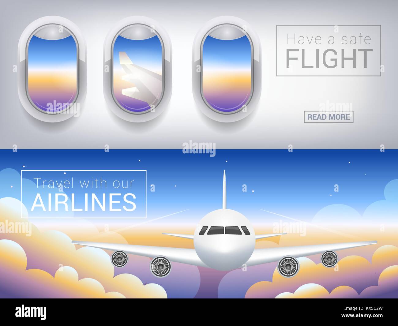 airplane window, the tourist banner. Passenger airplane in the sky clouds, safe flight across the sky Stock Vector