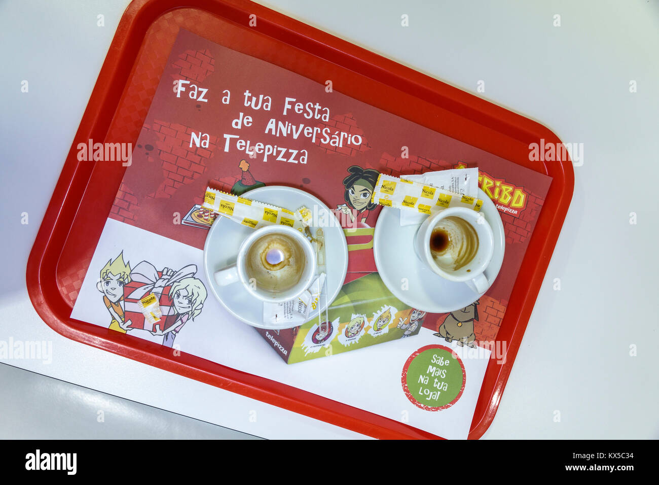Lisbon Portugal,Pombal,Telepizza,restaurant restaurants food dining eating out cafe cafes bistro,pizzeria,home delivery,tray,coffee cup,empty,espresso Stock Photo