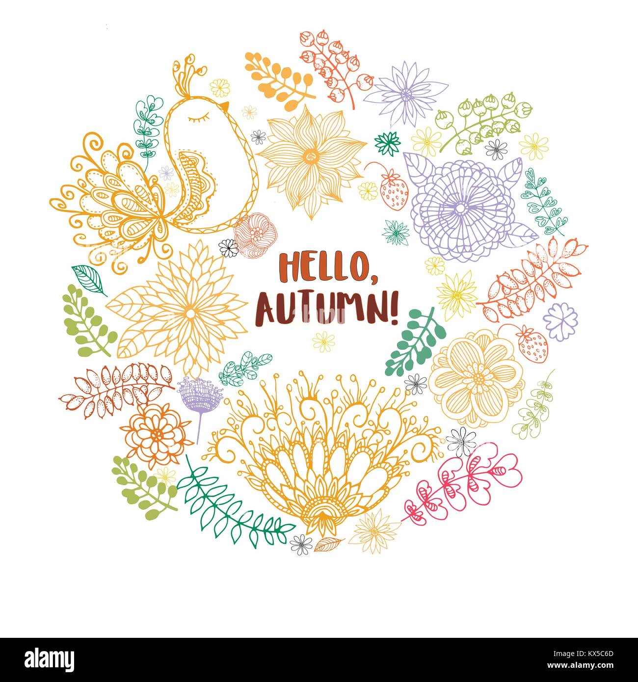 Hand drawn sketch style composition of colorful abstract flowers and ...