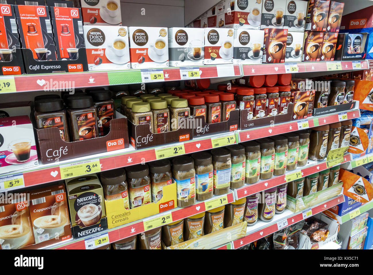 Lisbon Portugal,Rua Alexandre Herculano,Supermercado Minipreco,supermarket,grocery store,shelf shelves,coffee,Nescafe,display sale Hispanic,immigrant Stock Photo