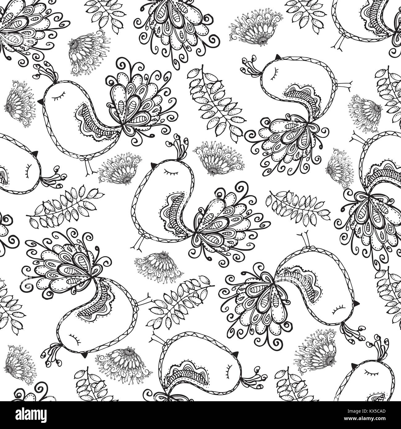 Seamless pattern of hand drawn sketch style abstract plants and birds ...