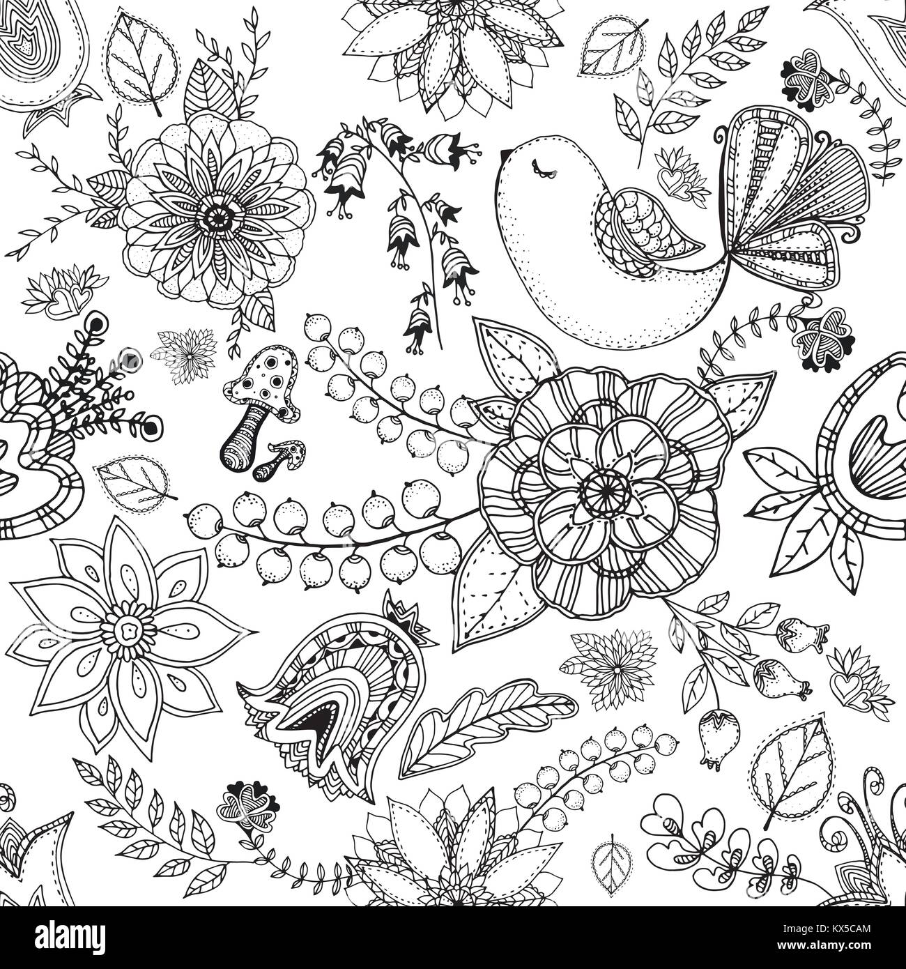 Seamless pattern of hand drawn sketch style abstract flowers and birds ...