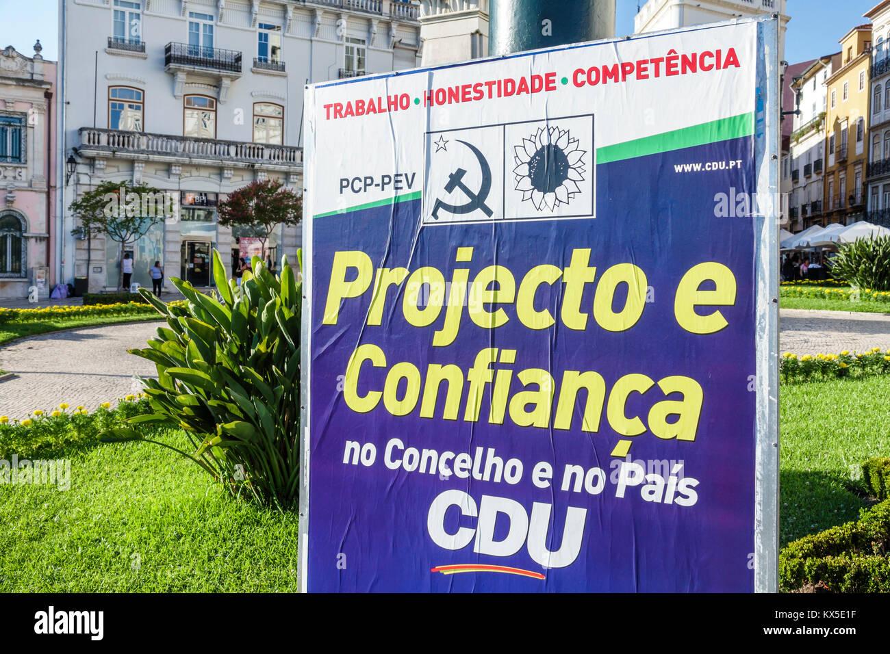 Coimbra Portugal,historic center,Largo da Portagem,main square,political poster,PCP,PEV,Portuguese Communist Party,campaigning,billboard,Hispanic,immi Stock Photo