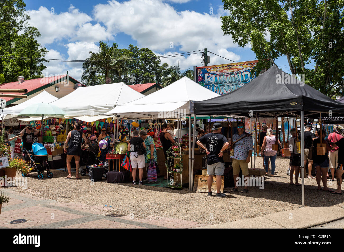 Since 1979, the Eumandi Markets are a source of energy, variety, fresheness and friendliness of the town of Eumundi in the Sunshine Coast of Australia Stock Photo