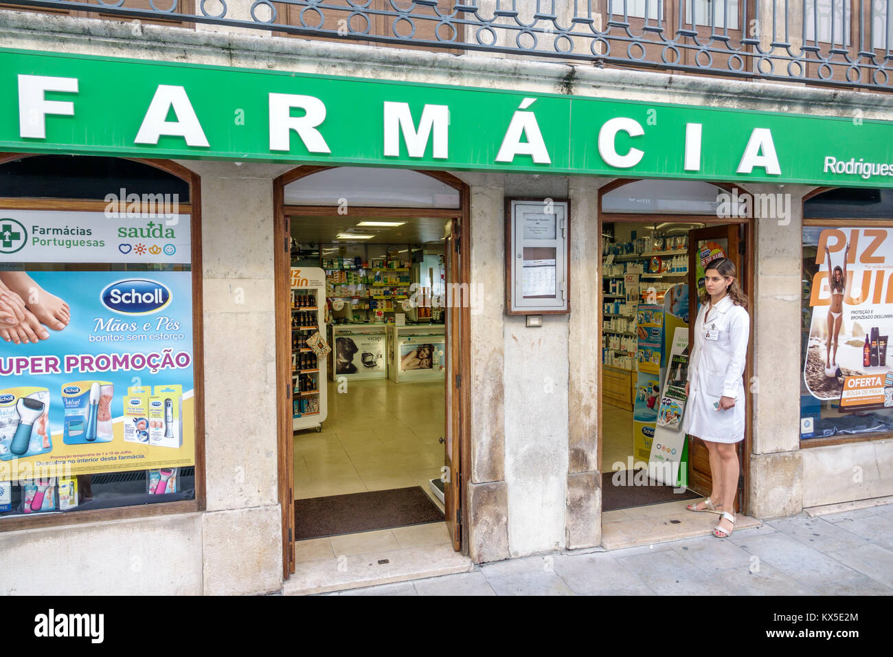 Coimbra Portugal,historic center,Rua Ferreira Borges,Farmacia Rodrigues Da Silva,pharmacy,storefront,entrance,door,Dr. Scholl,foot care,poster,promoti Stock Photo