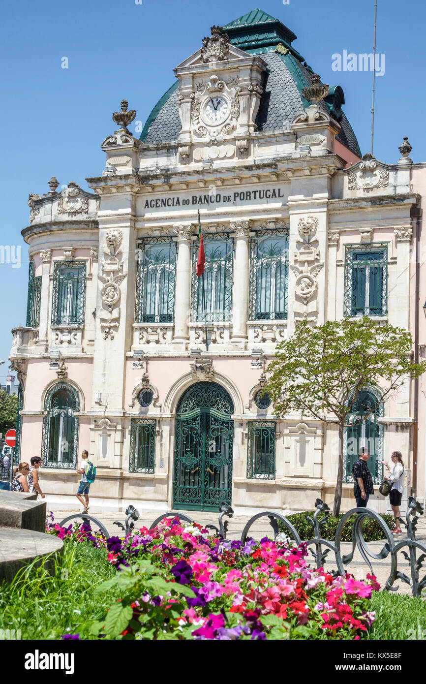 Coimbra Portugal,historic center,Largo da Portagem,main square,Banco de Portugal,exterior outside,facade,landmark,Adaes Bermudes,architecture,Arte Nov Stock Photo