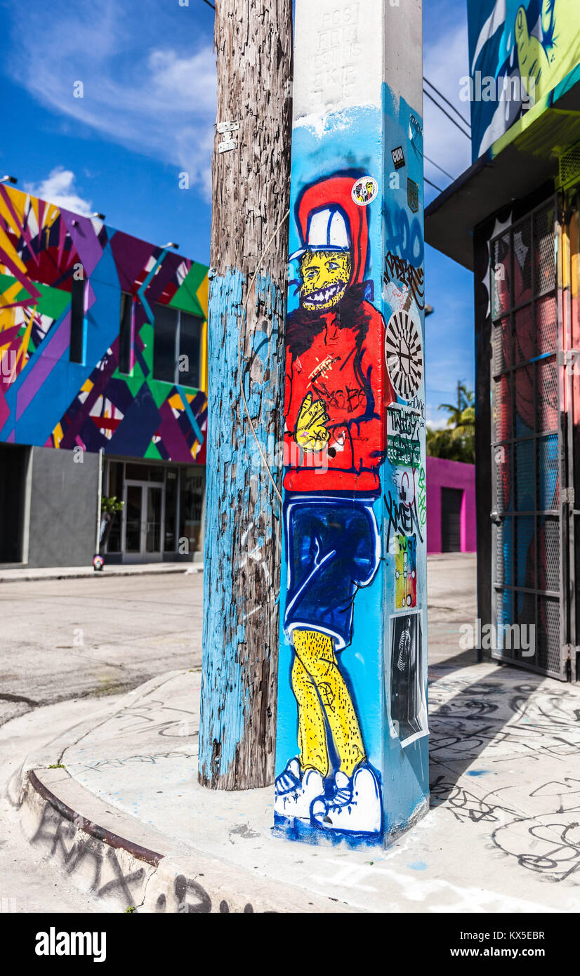Colourful graffiti on a street lamp post, The Wynwood Art District, Miami, Florida, USA. Stock Photo