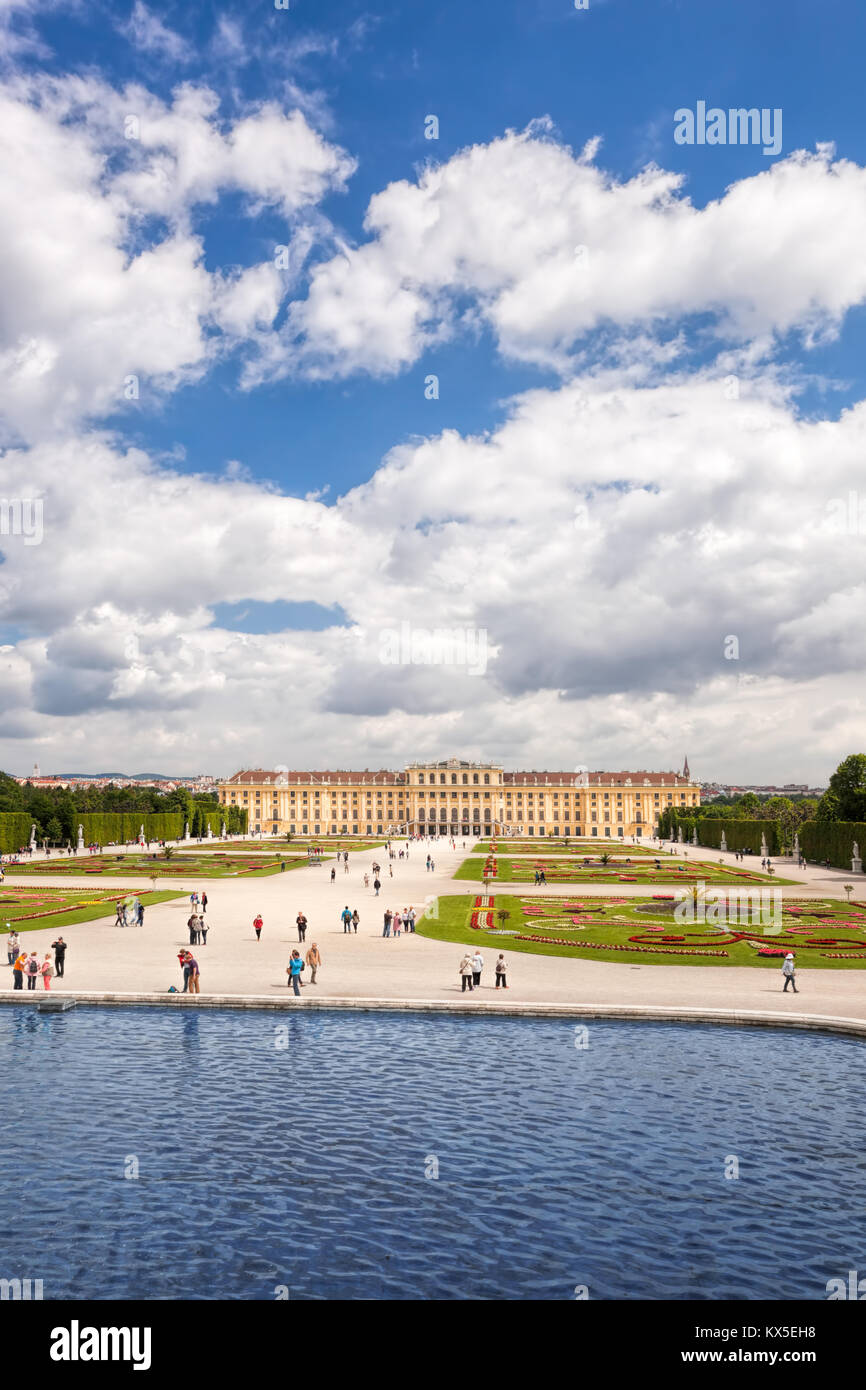 Famous Schonbrunn Palace with lake in the garden, Vienna, Austria Stock Photo