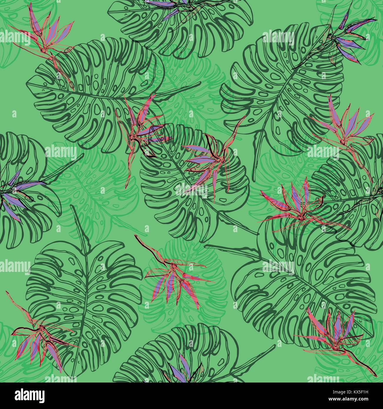 Seamless pattern of hand drawn sketch style tropical plants. Vector ...