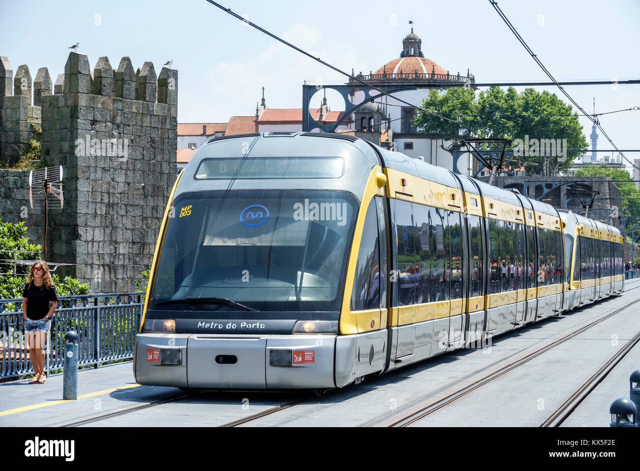 Porto Portugal,Douro River,historic center,Luis I Bridge,Metro do Porto,subway,train,Hispanic,immigrant immigrants,woman female women,pedestrian,above Stock Photo