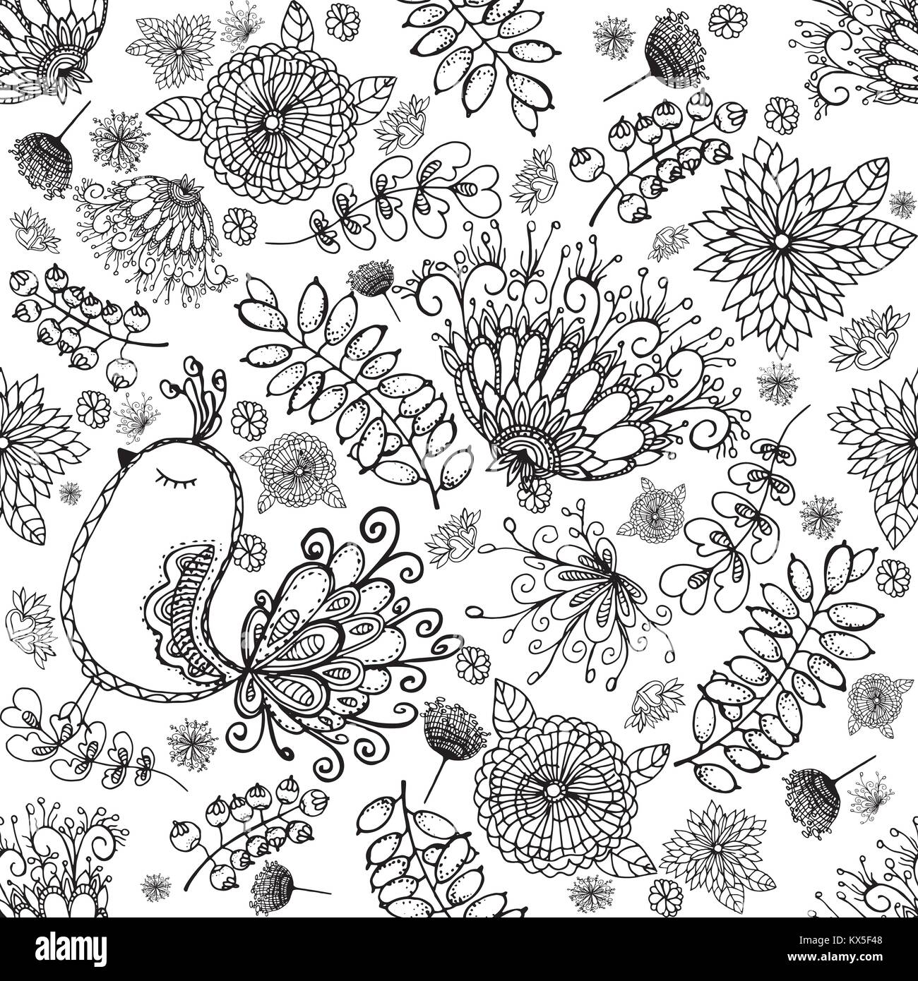 Seamless pattern of hand drawn sketch style abstract flowers and bird ...