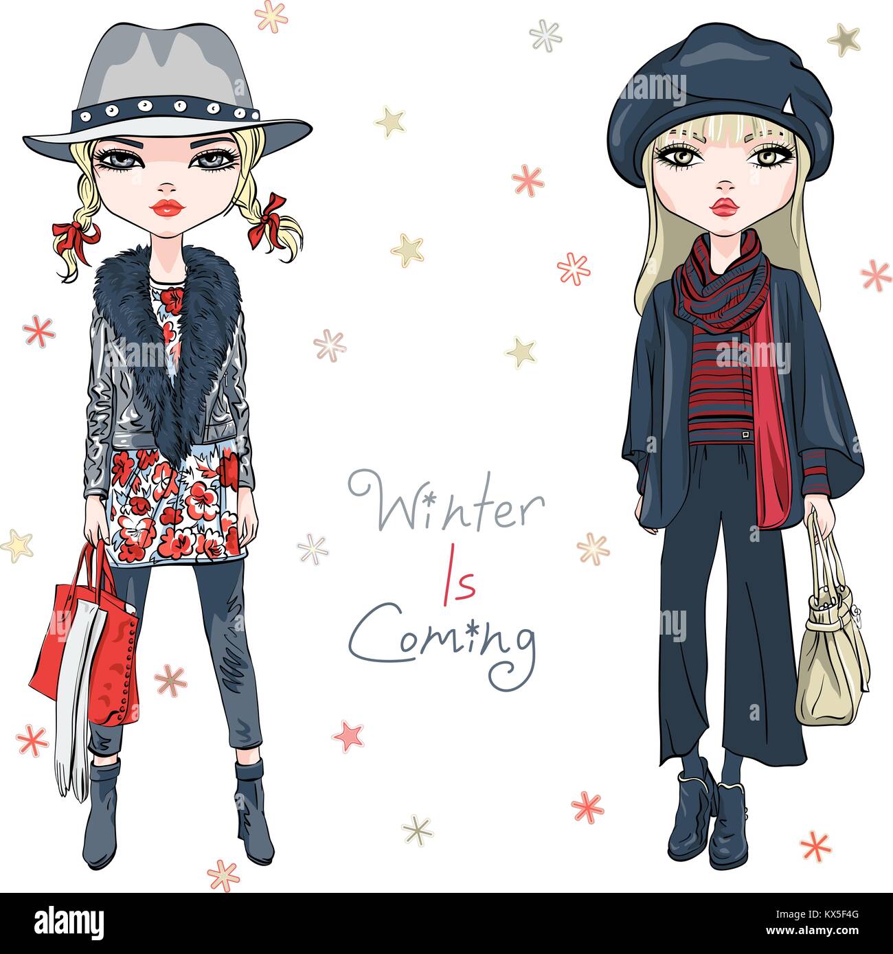Vector fashion girls in winter clothes Stock Vector