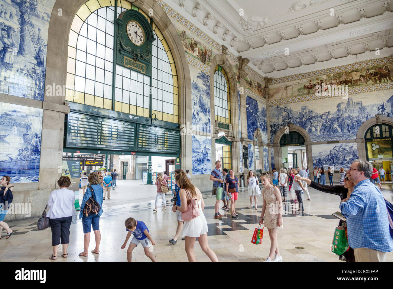 Porto Portugal,historic center,Sao Bento,Railway Station,train,architect Jose Marques da Silva,French Beaux-Arts,atrium,vestibule,azulejos,painted til Stock Photo